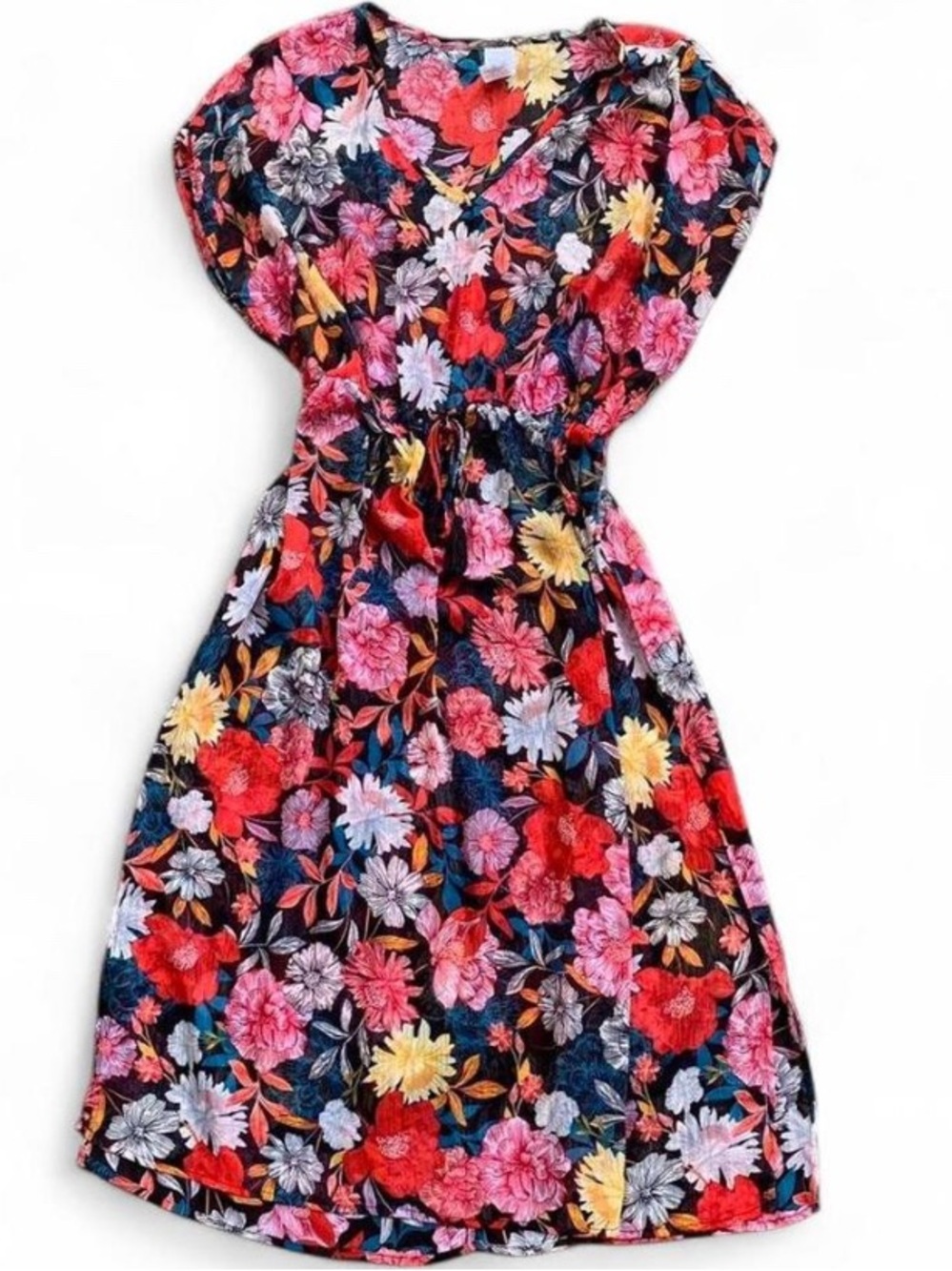 Whimsical Dark Floral Sheer Flowing Swim Coverup with V-neck & Tie Waist